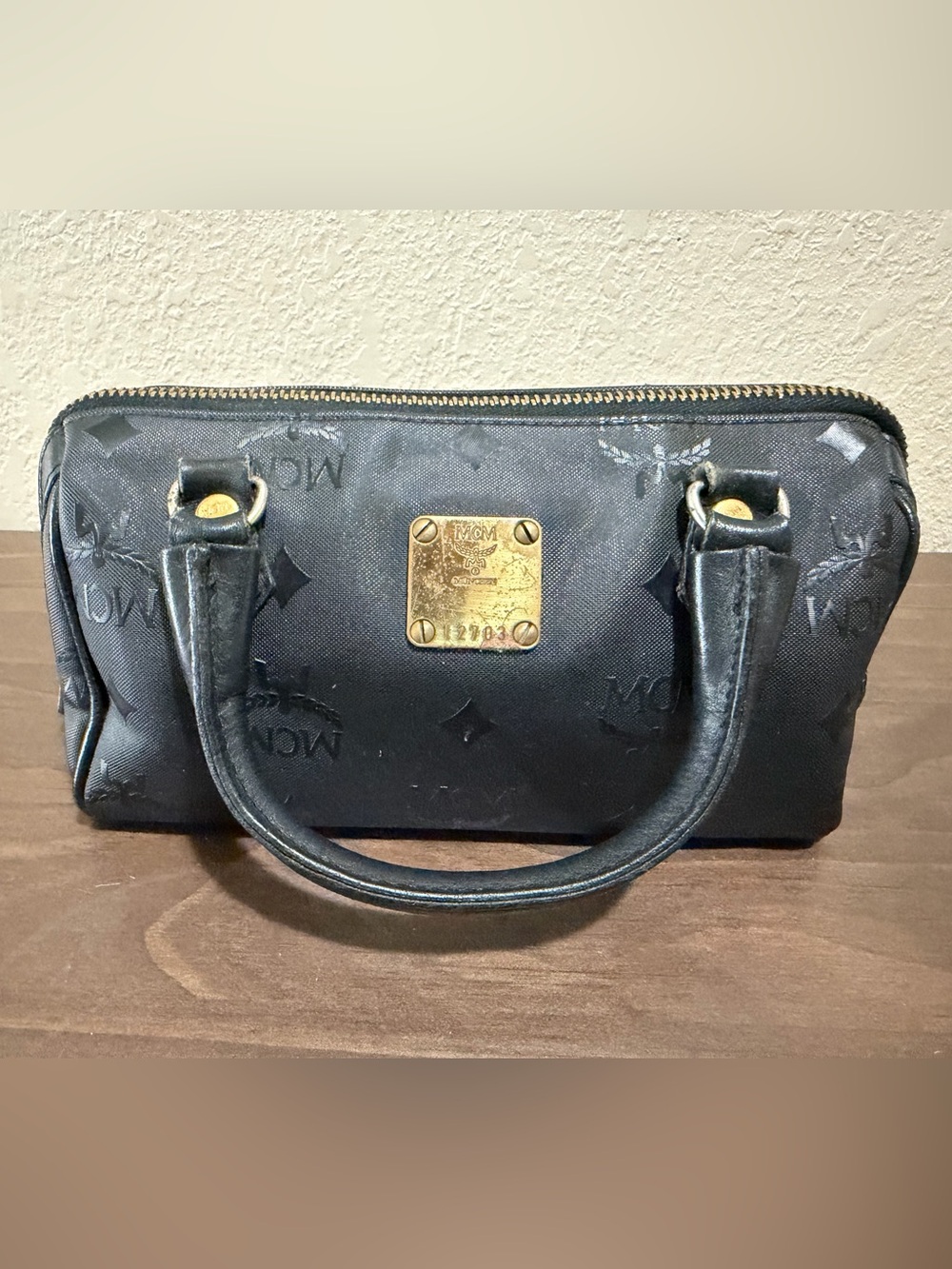 MCM Mini Viestos Black Logo-Embossed Boston Bag with Gold Plate/Hardware